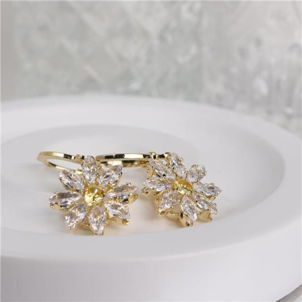 Daisy Flower Hoop Earrings | 14K Gold Plated CZ Dangle Hoops - Picture 5 of 6